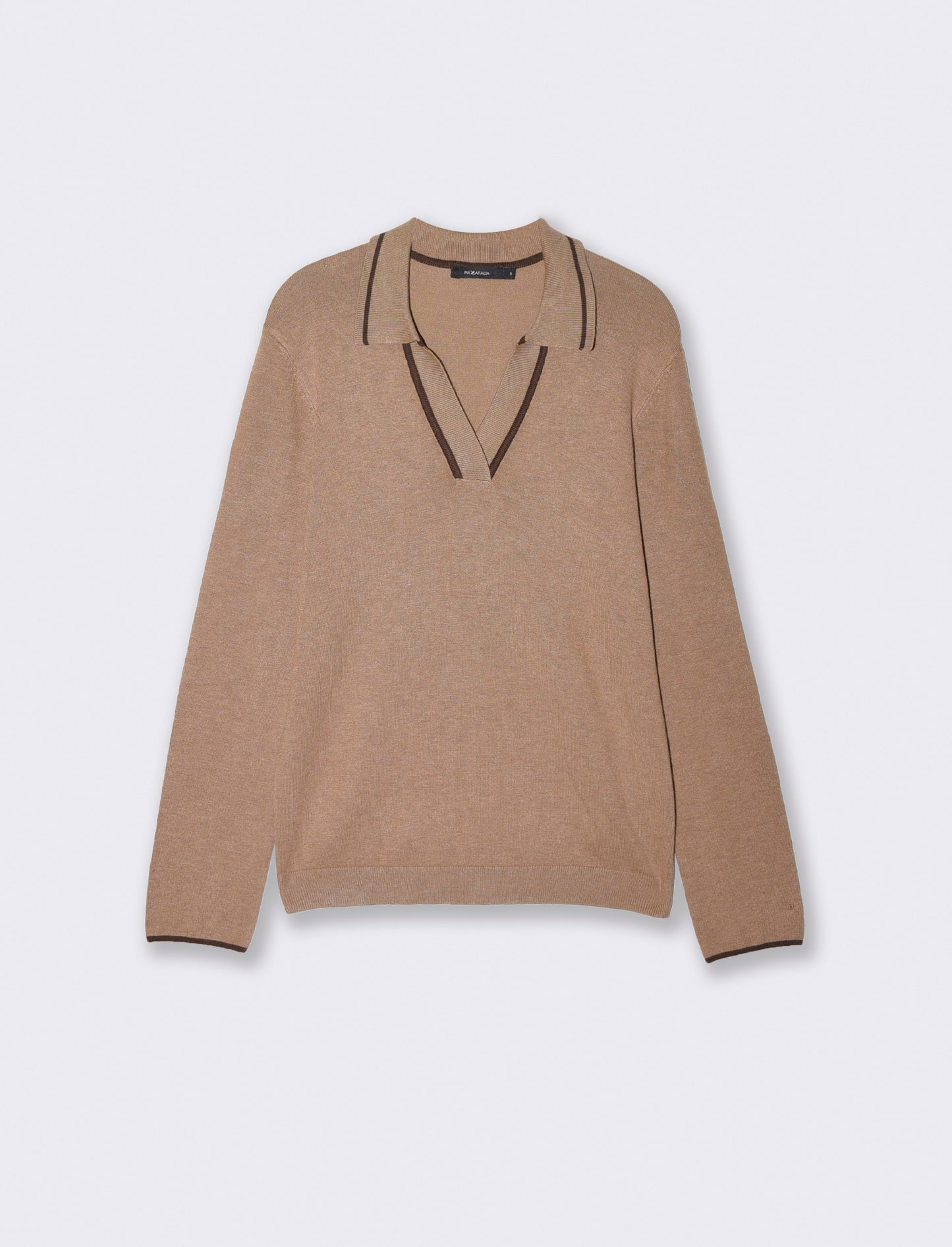 Polo a maniche lunghe con scollo a V - Cammello