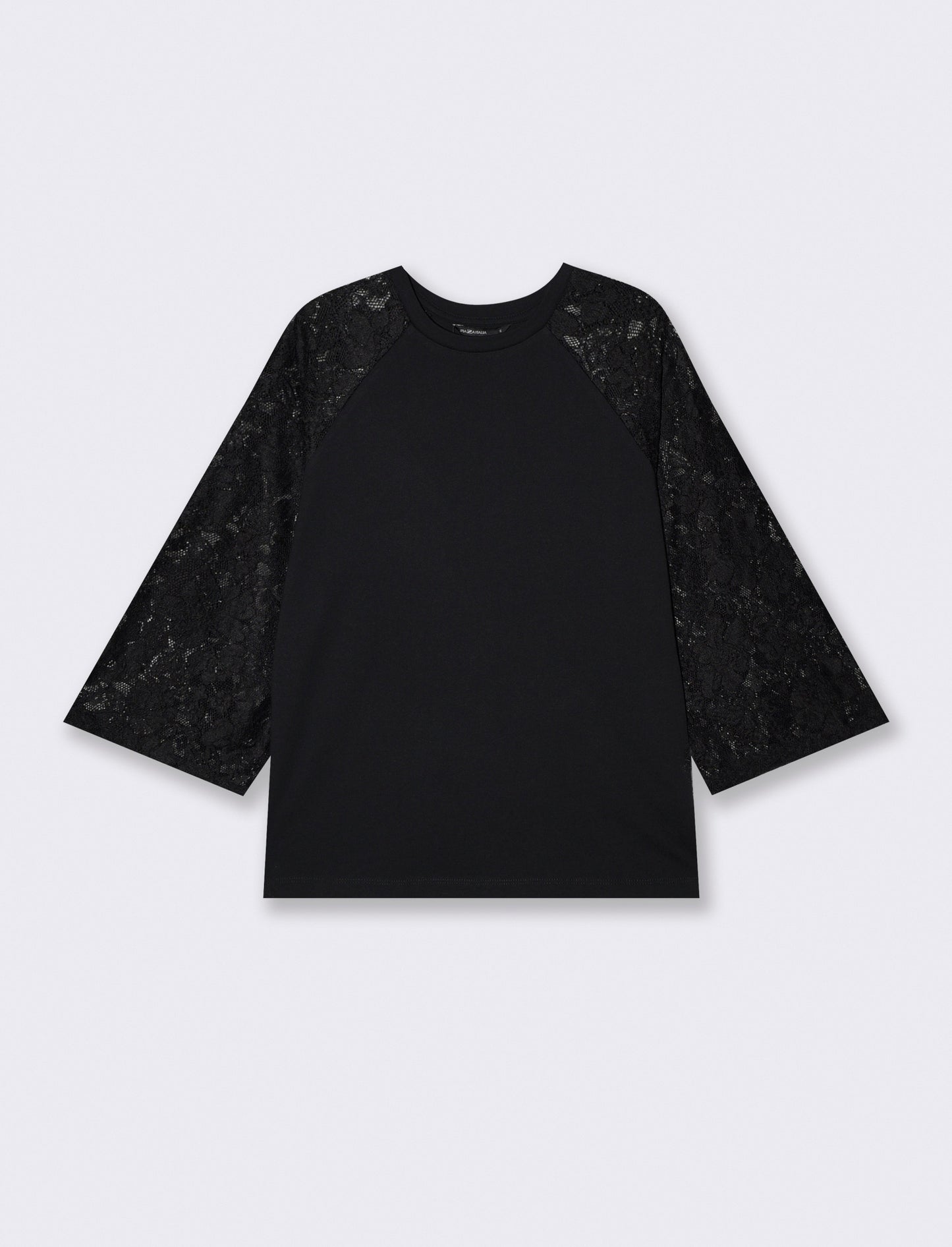 T-shirt manica a tre quarti in pizzo - Nero