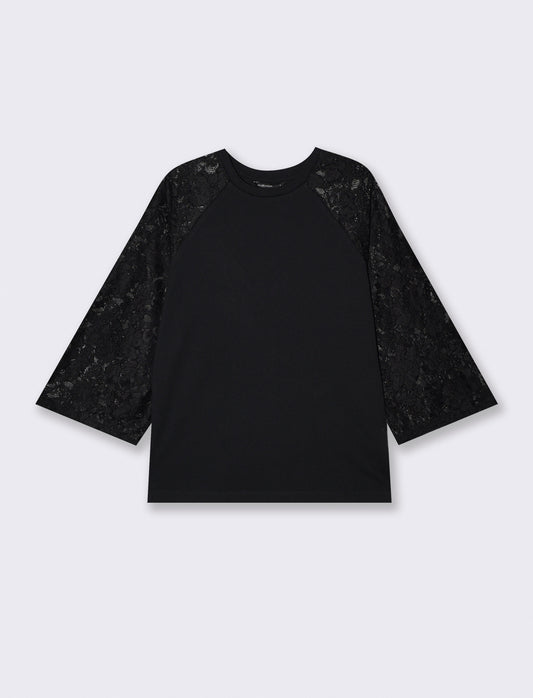 T-shirt manica a tre quarti in pizzo - Nero
