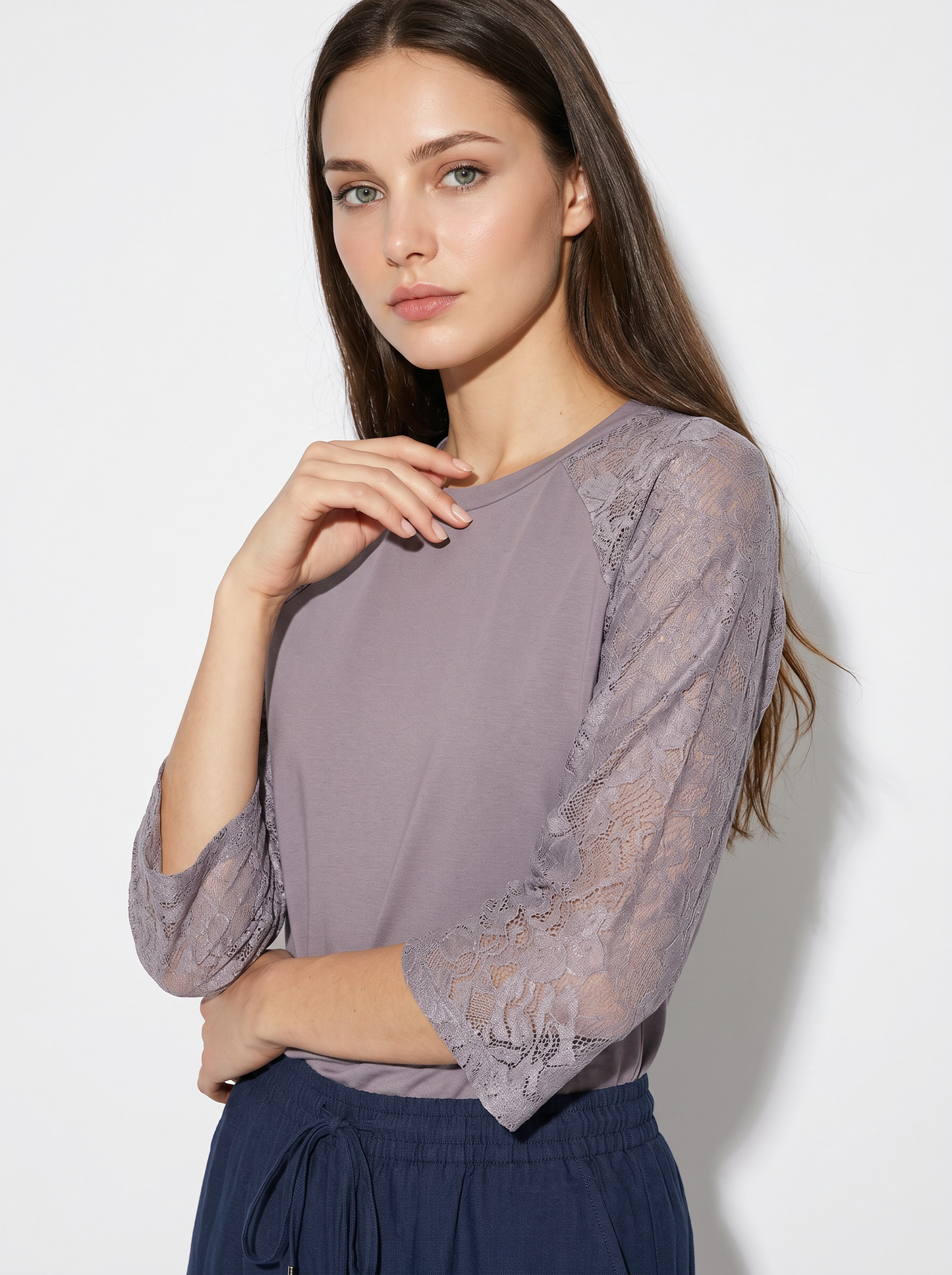 T-shirt manica a tre quarti in pizzo - Viola glicine