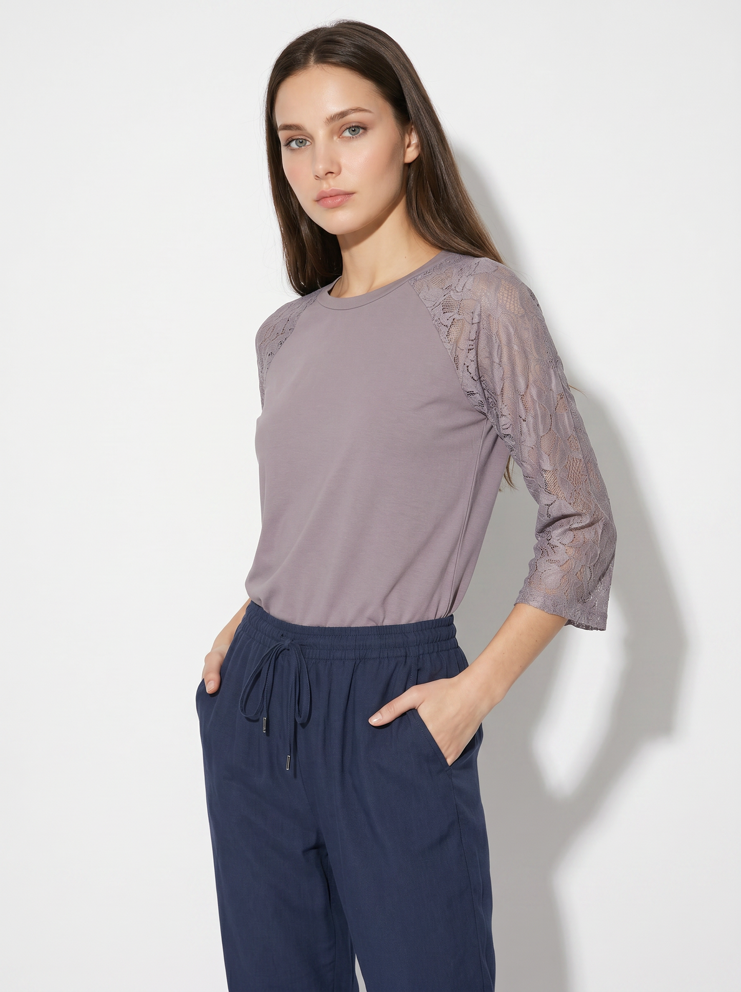 T-shirt manica a tre quarti in pizzo - Viola glicine