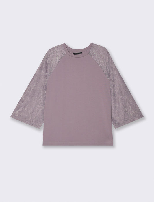 T-shirt manica a tre quarti in pizzo - Viola glicine