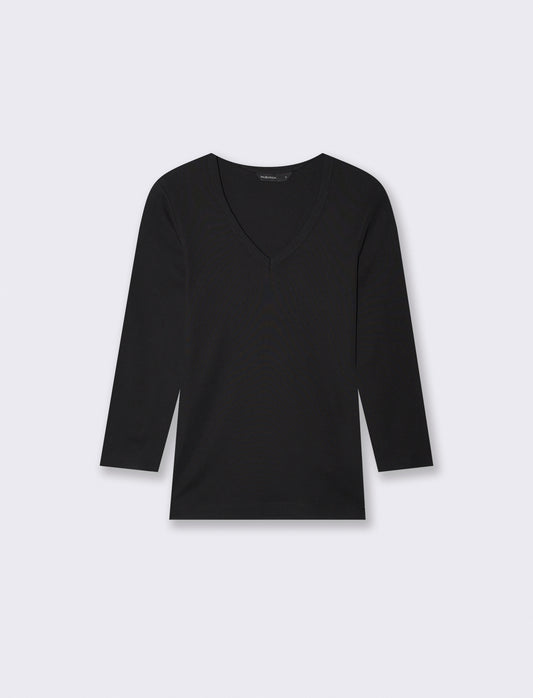 T-shirt a costine con scollo a V - Nero