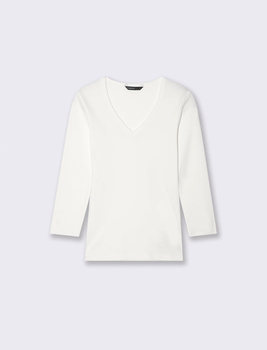 T-shirt a costine con scollo a V - Bianco latte