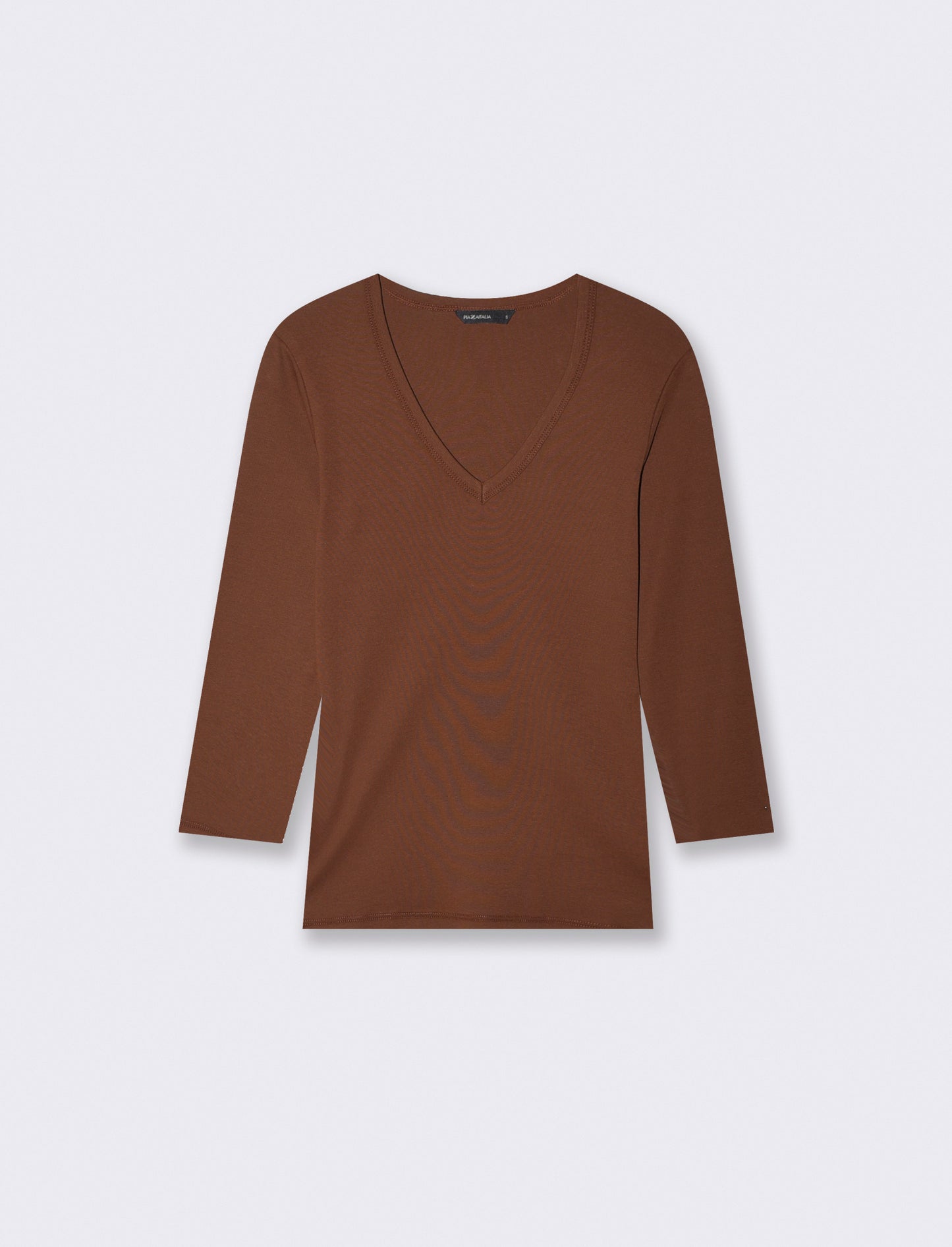 T-shirt a costine con scollo a V - Marrone cioccolato