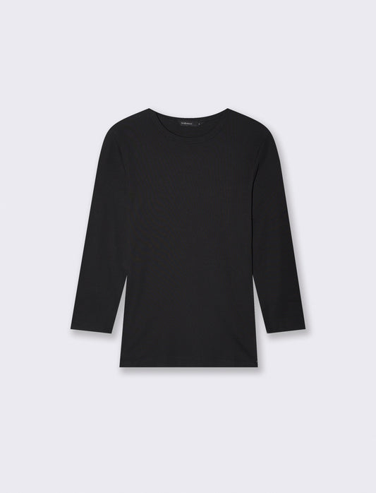 T-shirt basica a costine girocollo 3/4 - Nero