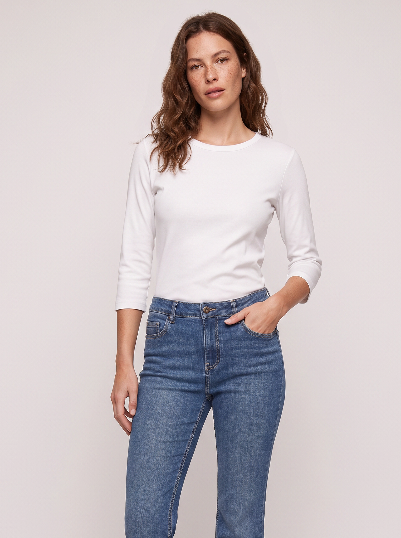 T-shirt basica a costine girocollo 3/4 - Bianco latte