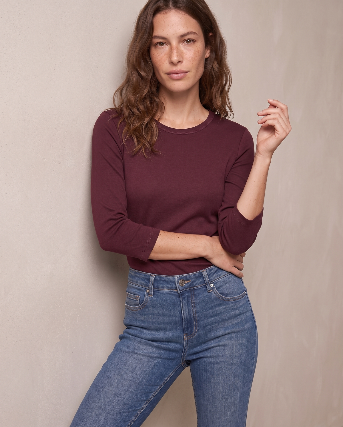 Basic ribbed crew neck T-shirt 3/4 - Purple