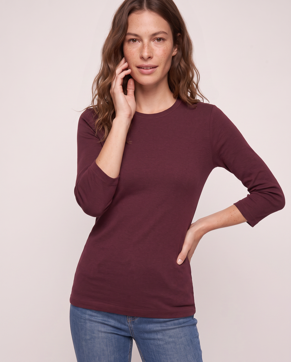 Basic ribbed crew neck T-shirt 3/4 - Purple