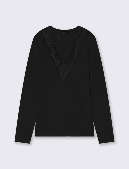T-shirt manica lunga scollo madonna - Nero