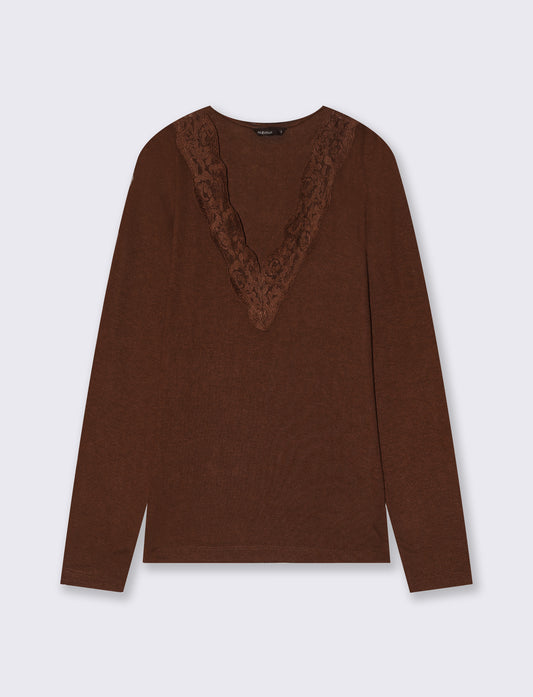 T-shirt manica lunga scollo madonna - Marrone cioccolato