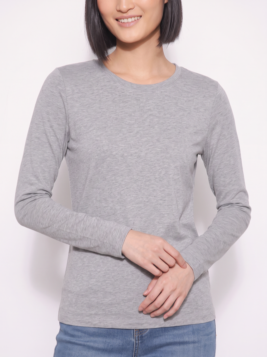T-shirt basica manica lunga girocollo - Grigio chiaro mel.