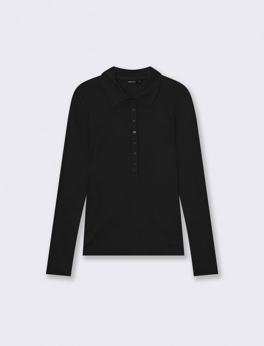 Long sleeve polo with front buttons - Black