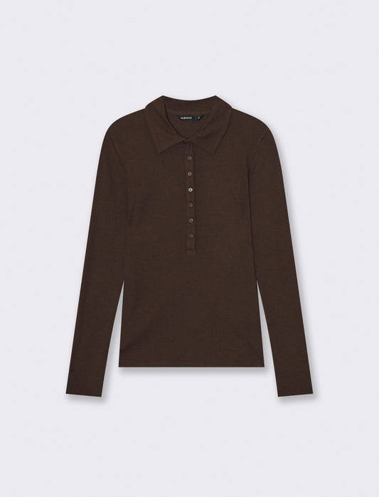 Long sleeve polo with front buttons - Brown
