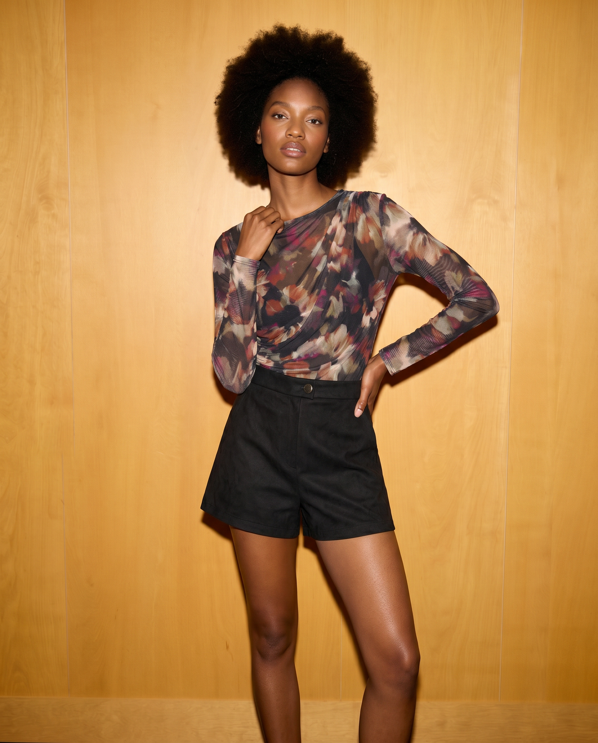 Printed mesh T-shirt with ruffles - 