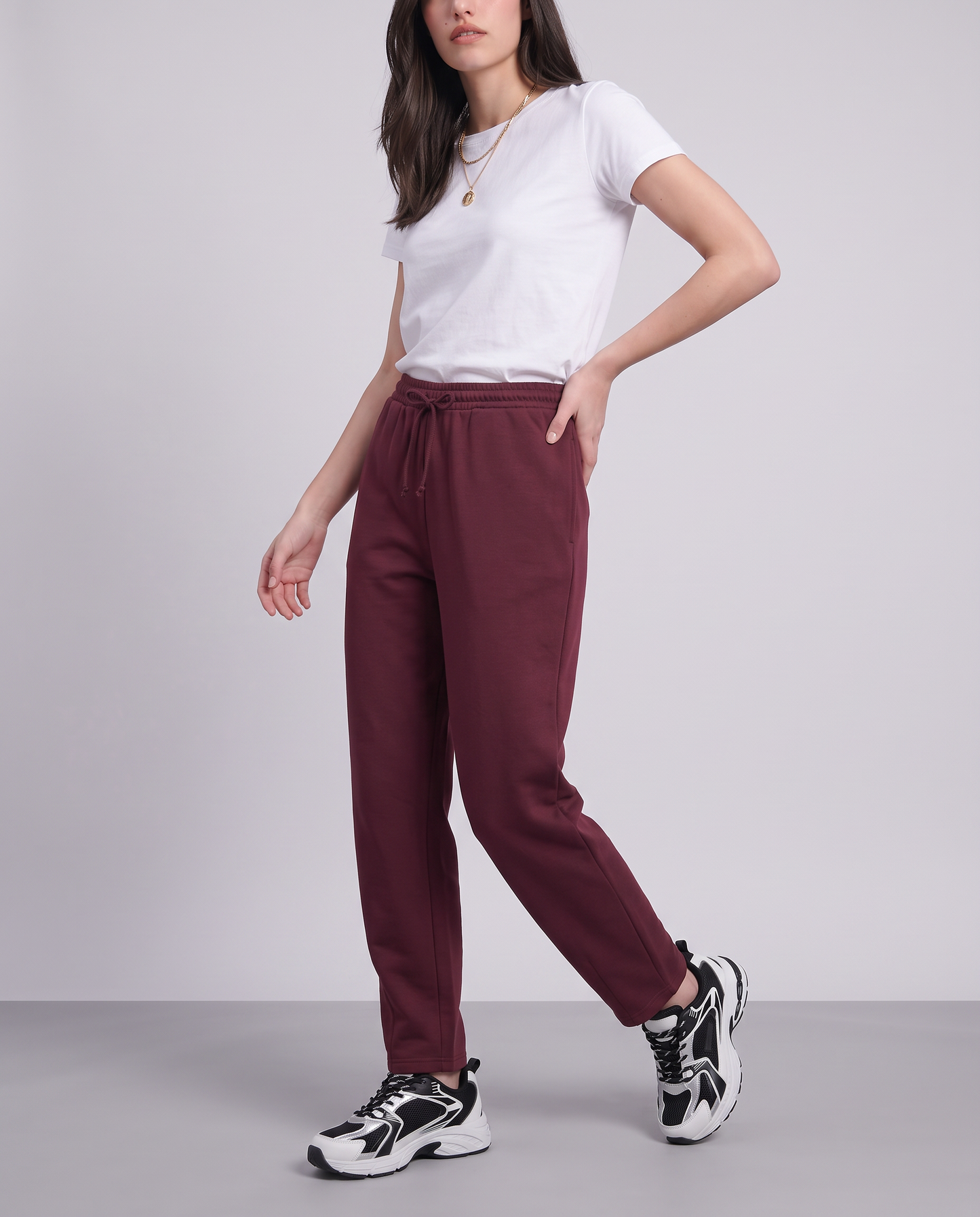 Pantalone basico con vita arricciata - Viola prugna