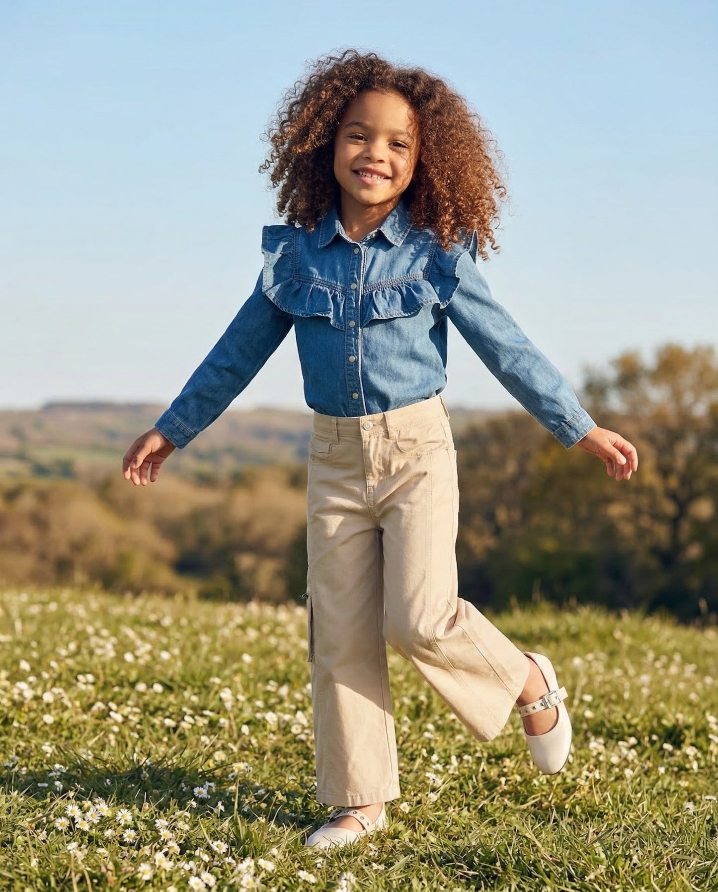 Camicia denim bambina con rouches stilose - Denim chiaro