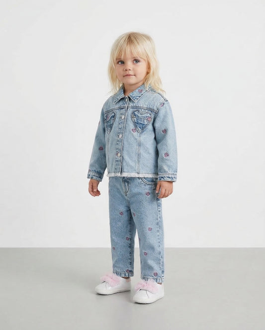 Jeans con Ricami e Vita Regolabile - Denim