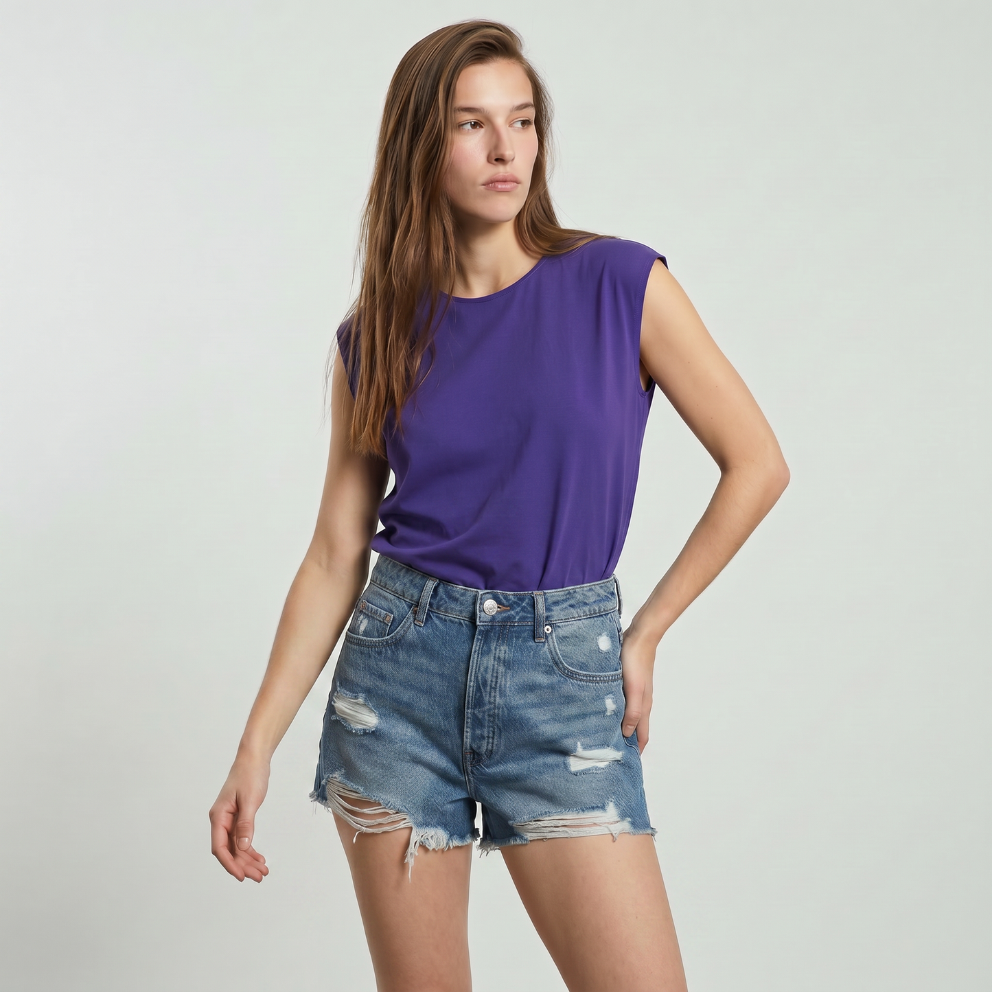 T-Shirt in Cotone con Inserto in Crochet - Blu cobalto