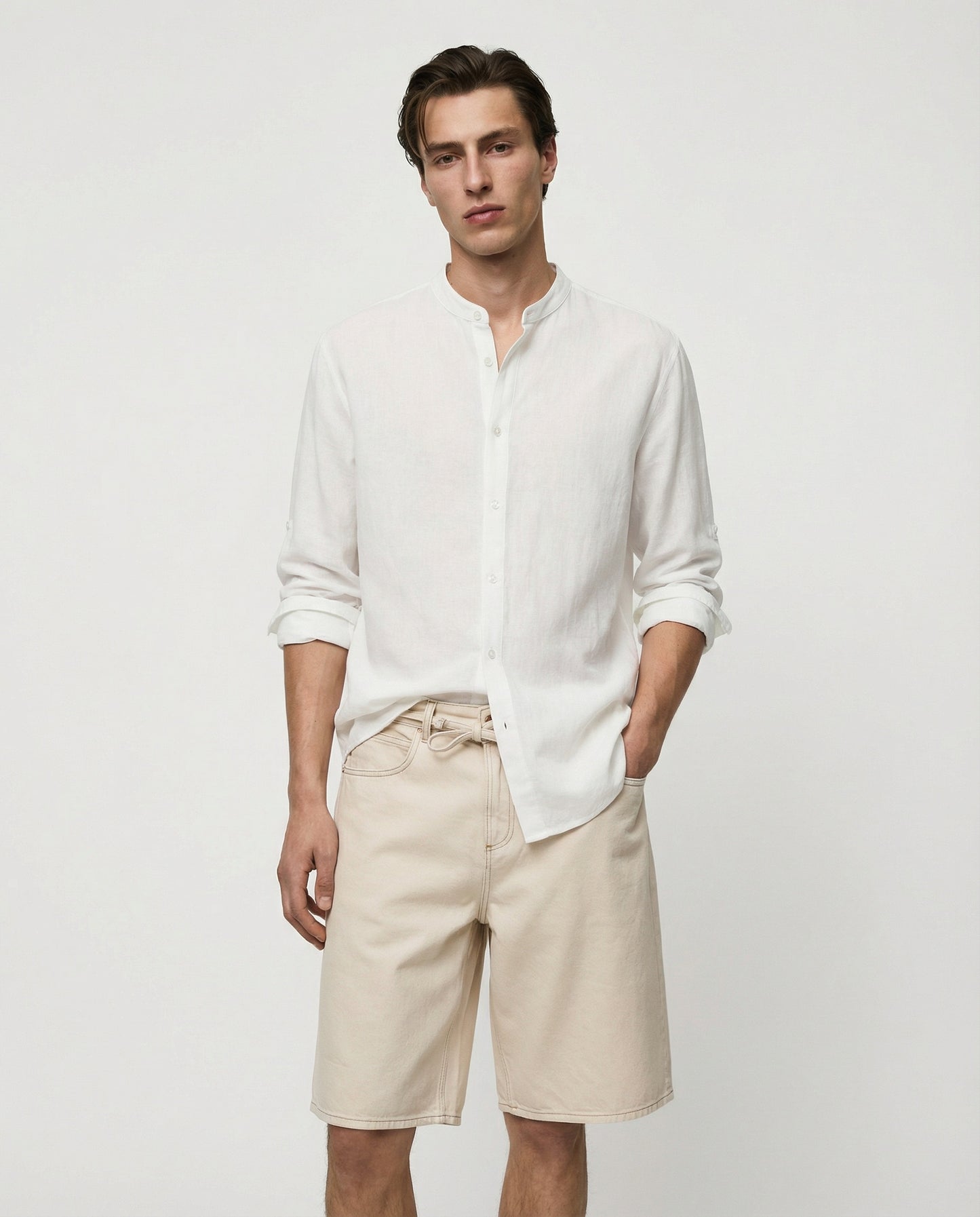Camicia coreana effetto crepe in cotone - Bianco