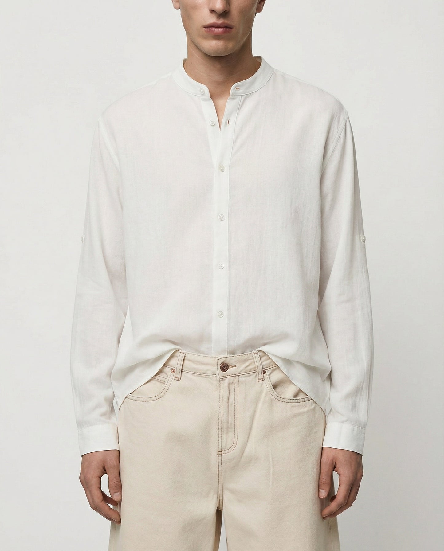 Camicia coreana effetto crepe in cotone - Bianco