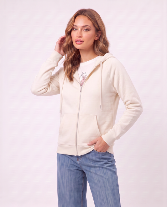 Felpa con cappuccio e zip ampia - Avorio