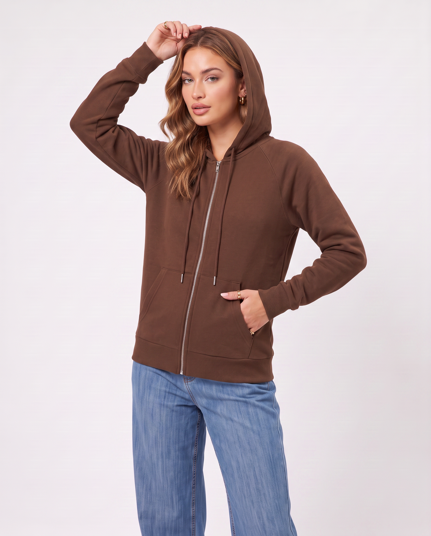Felpa con cappuccio e zip ampia - Marrone cioccolato