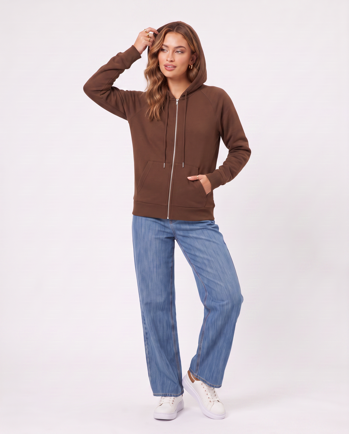 Felpa con cappuccio e zip ampia - Marrone cioccolato