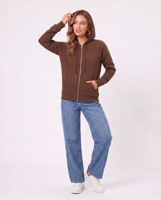 Felpa con cappuccio e zip ampia - Marrone cioccolato