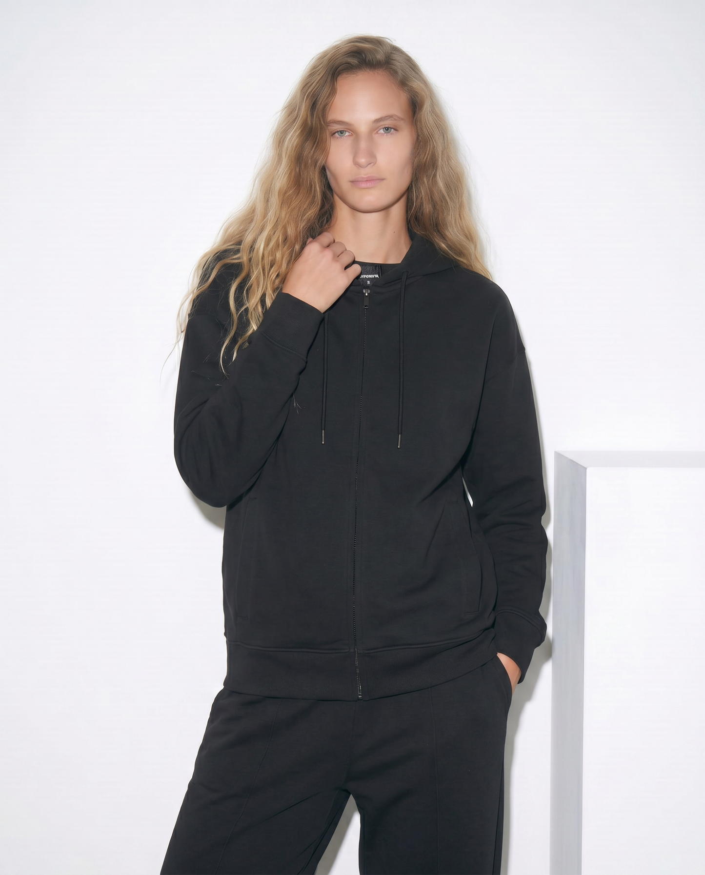 Zip-Up Hoodie with T-Shirt Sleeves - Black