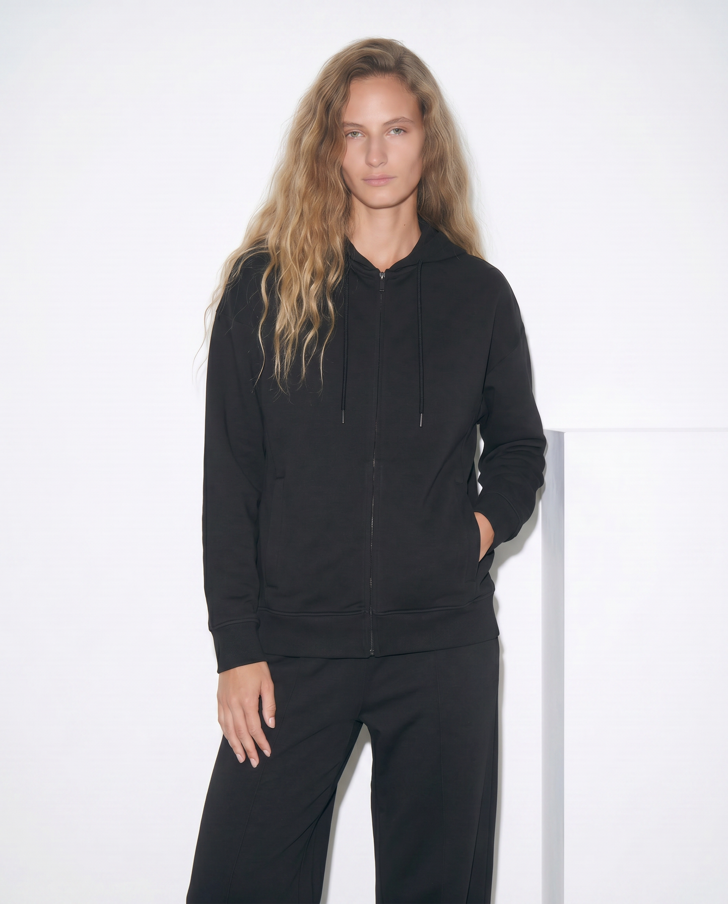 Zip-Up Hoodie with T-Shirt Sleeves - Black