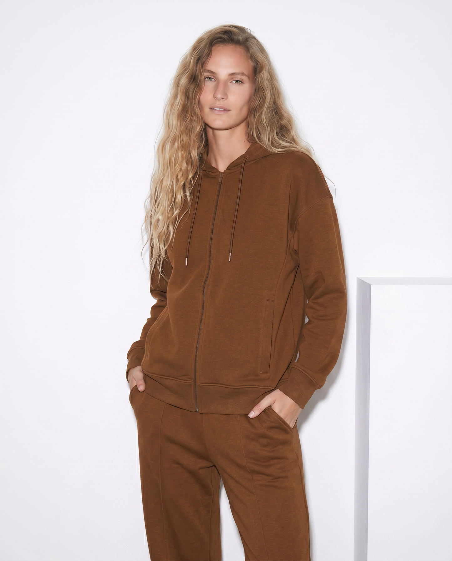 Felpa con zip e cappuccio a manica T - Marrone tabacco