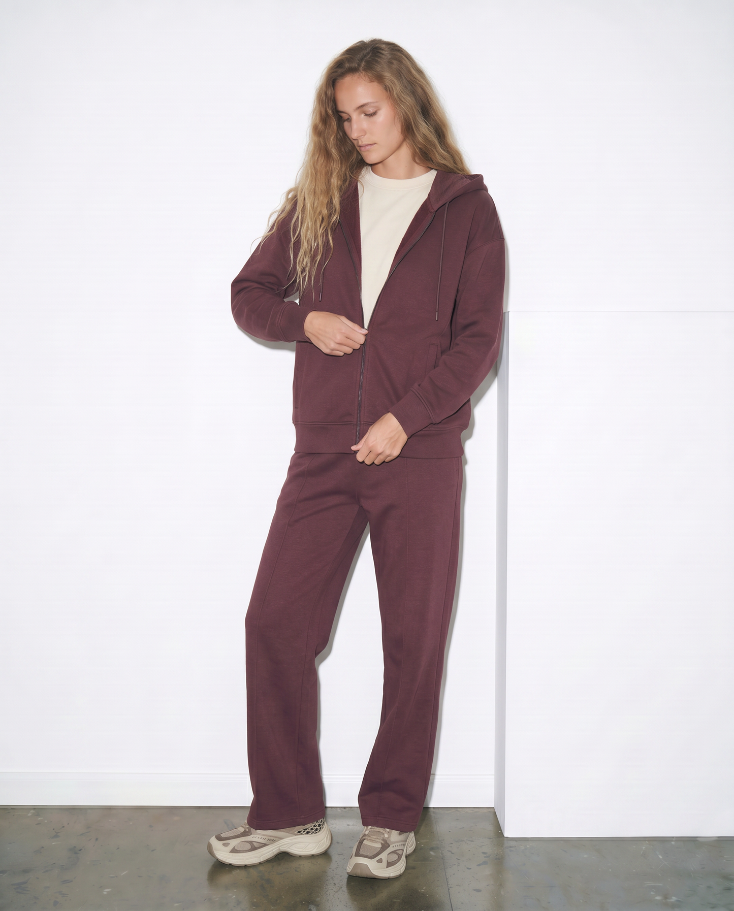 Felpa con zip e cappuccio a manica T - Rosso amarena