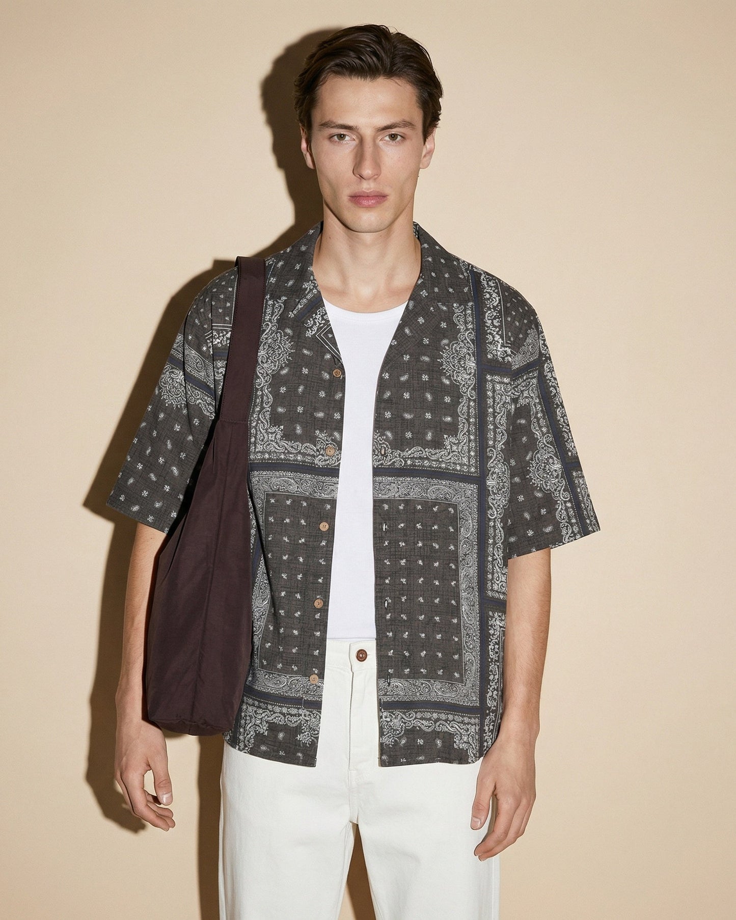 Camicia boxy fit in viscosa paisley patchwork - Grigio