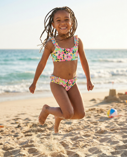 Two-piece swimsuit with colorful fringes - Yellow