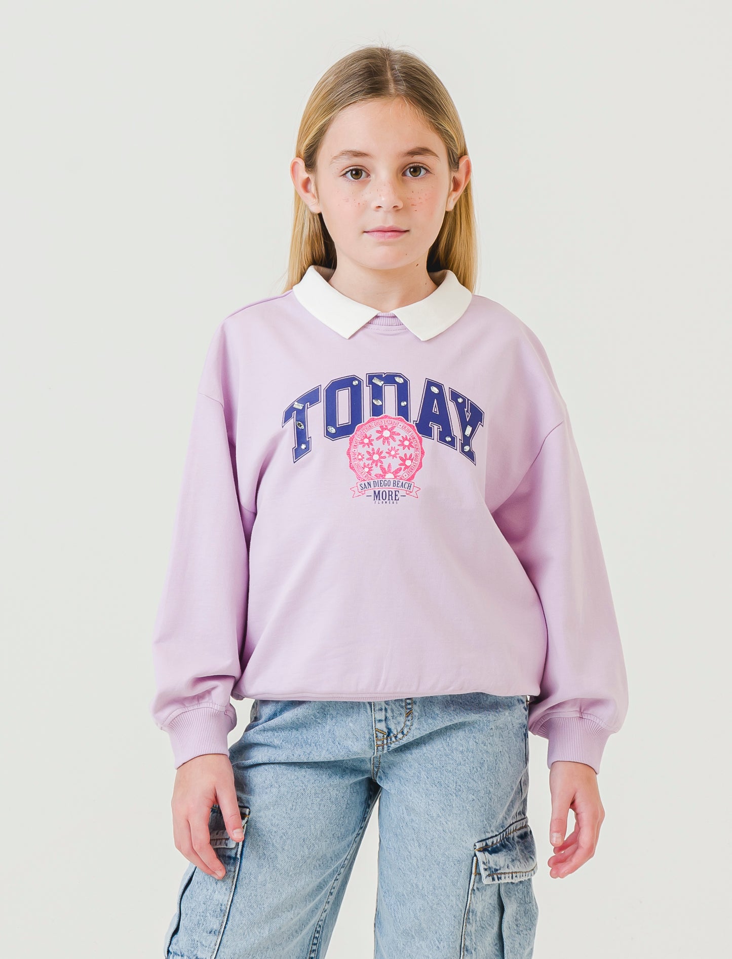Felpa in cotone stile college da bambina - Lilla