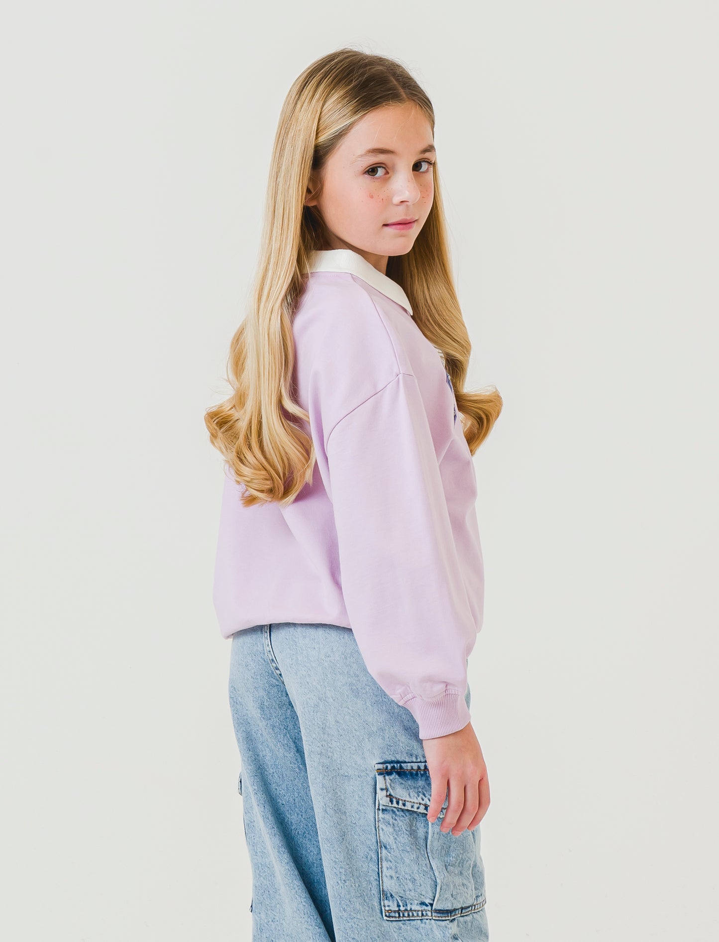 Felpa in cotone stile college da bambina - Lilla