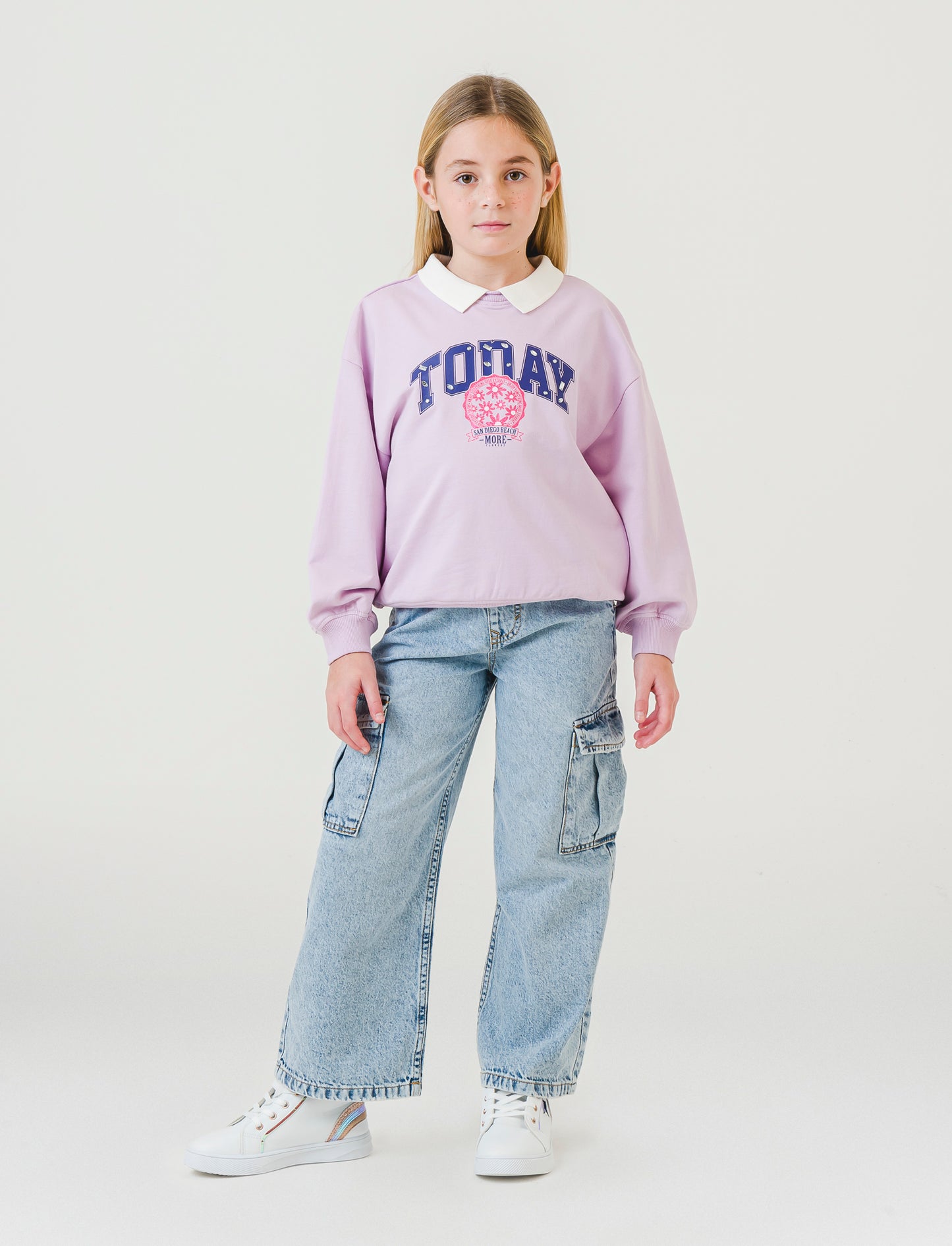 Felpa in cotone stile college da bambina - Lilla
