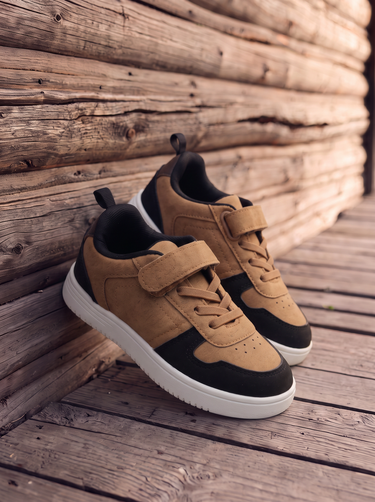 Sneakers camel con riporti neri e strappo - Cammello