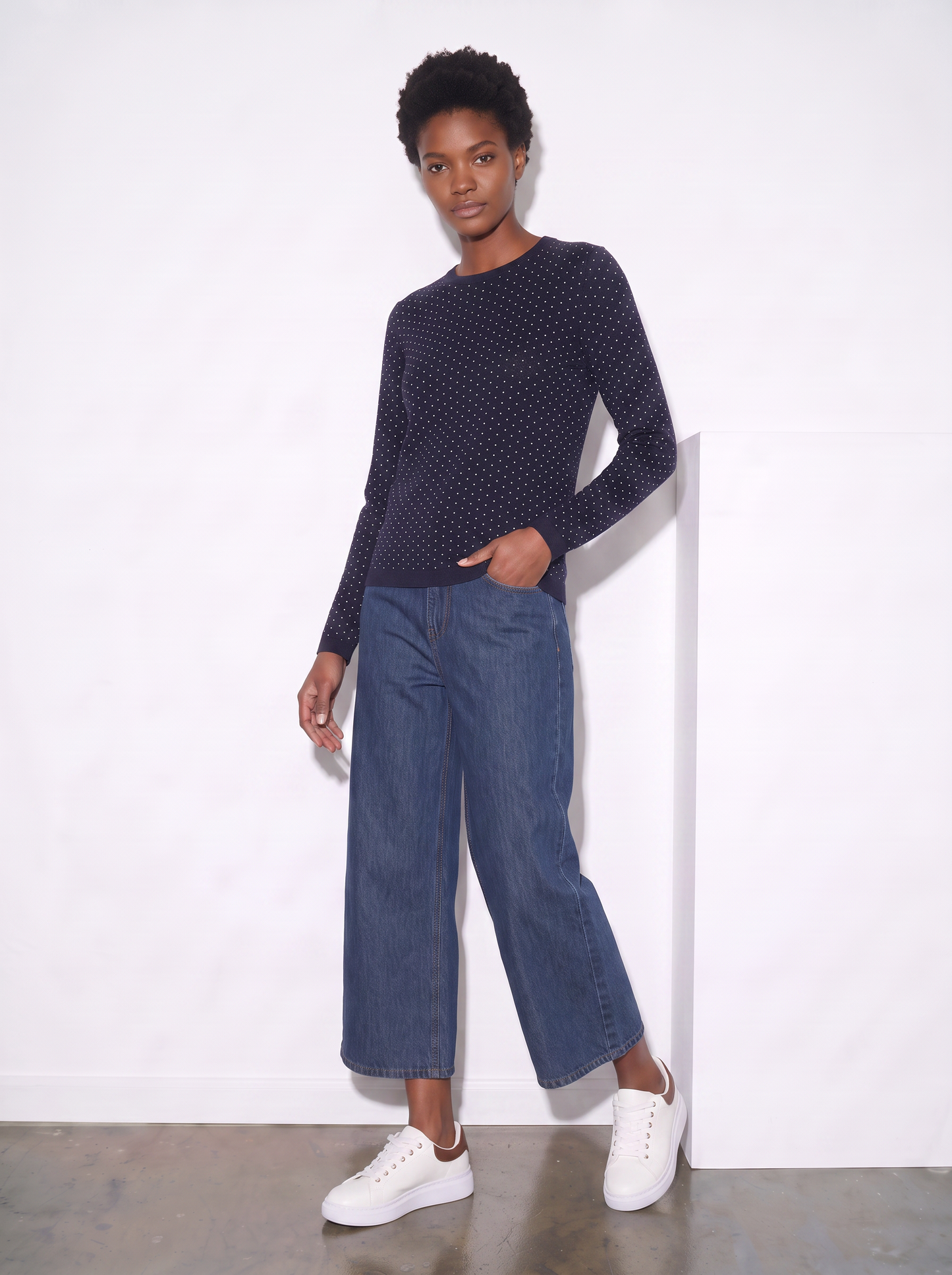 Pullover girocollo con pois in lurex - Blu
