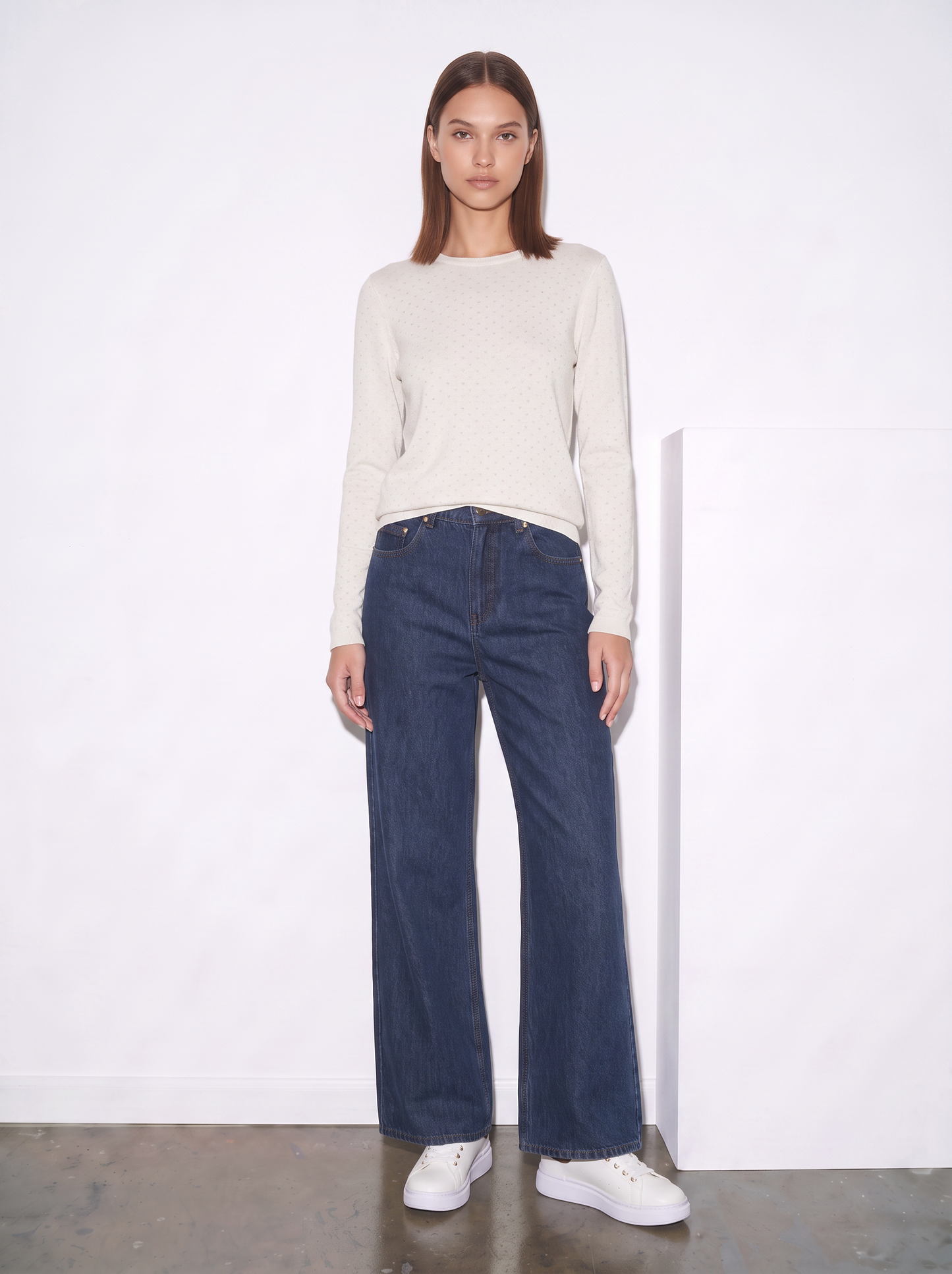 Pullover girocollo con pois in lurex - Avorio