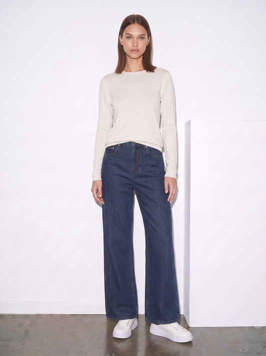 Pullover girocollo con pois in lurex - Avorio
