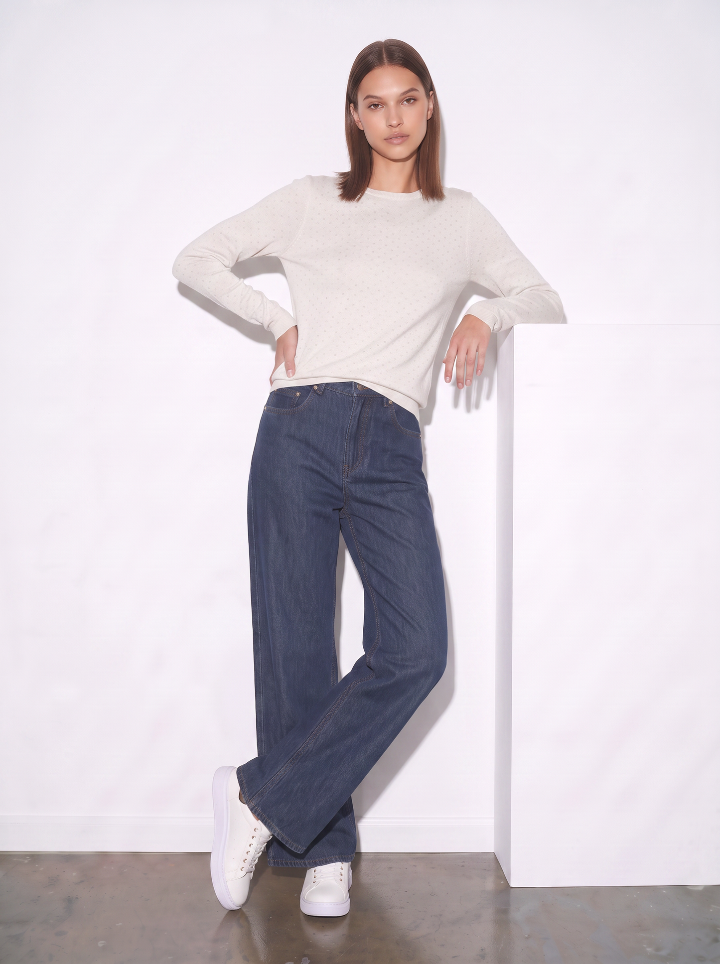 Pullover girocollo con pois in lurex - Avorio