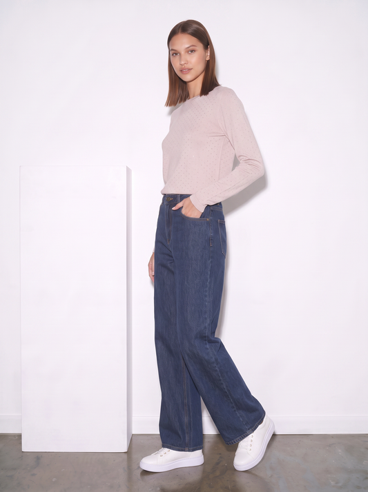Pullover girocollo con pois in lurex - Rosa polvere