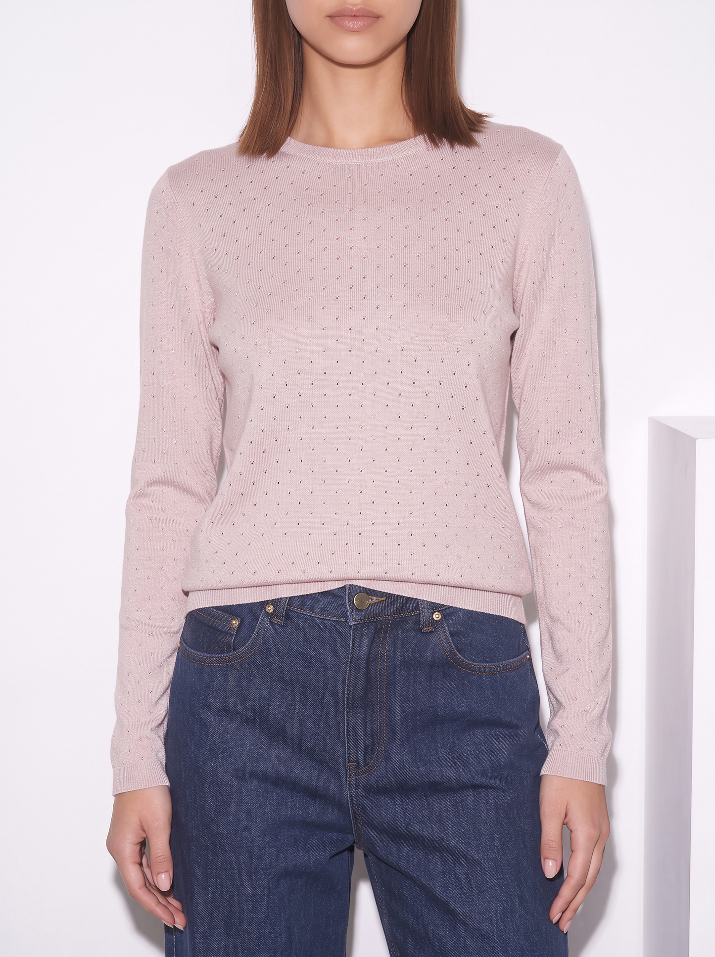 Pullover girocollo con pois in lurex - Rosa polvere