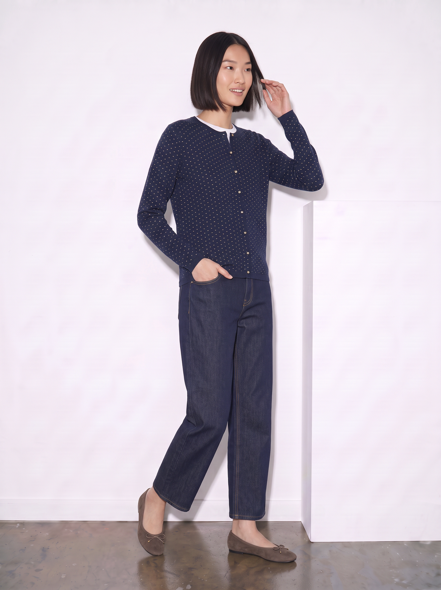 Cardigan girocollo con pois in lurex - Blu