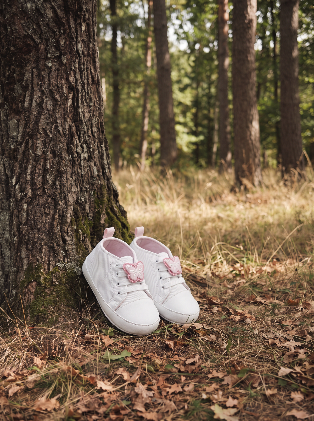 White newborn shoes with butterfly patch - White