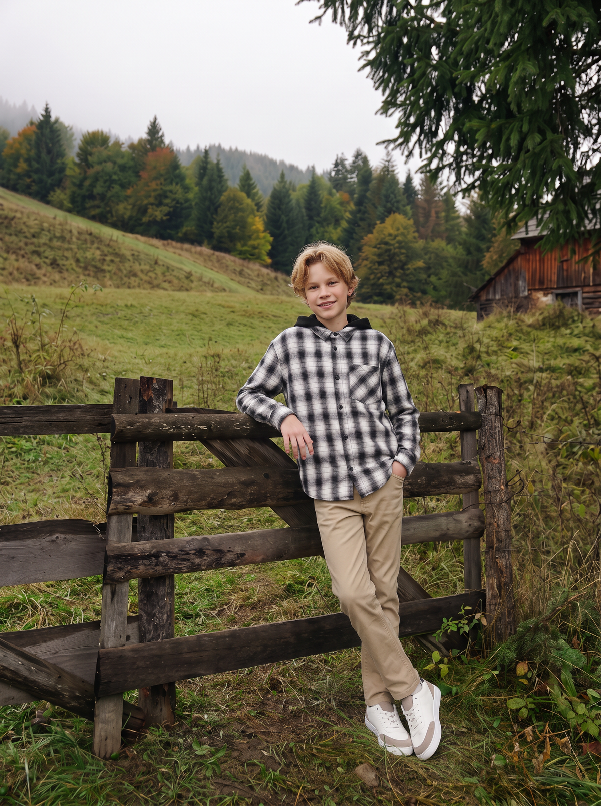 Plaid Flannel Shirt with Hood - White