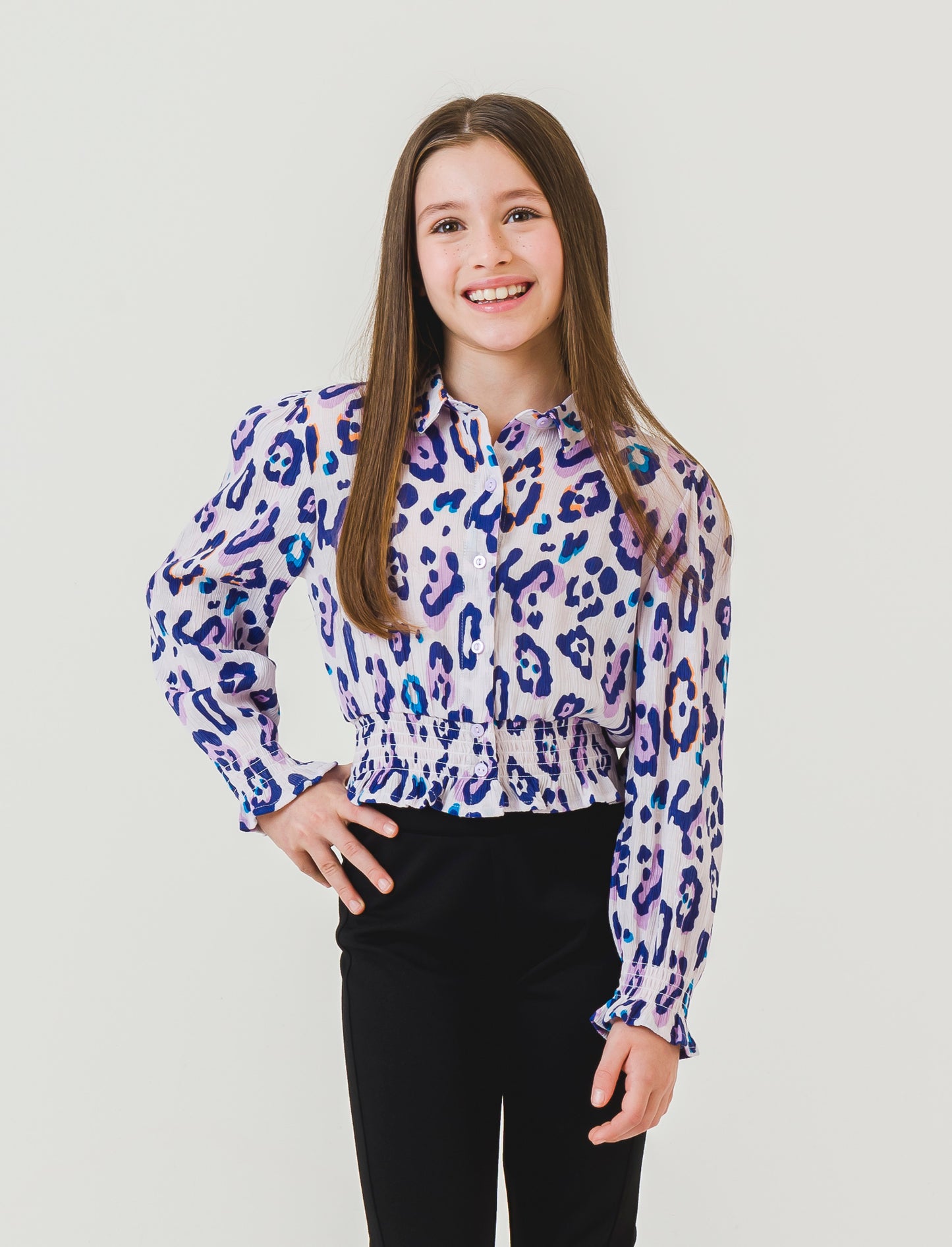 Embossed Poly-Viscose Shirt with Smoke Elastic Hem and Animal Print - Multicolor