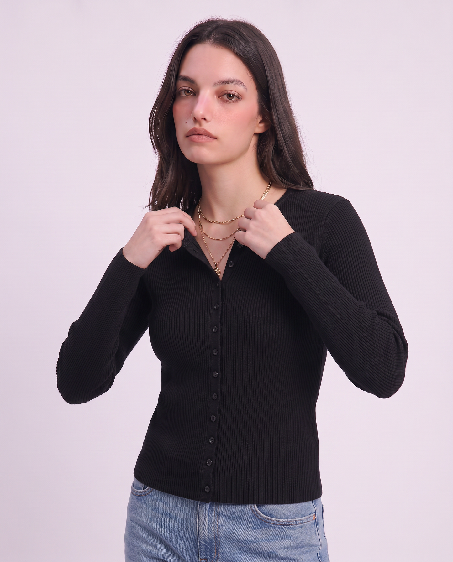 Cardigan paricollo con bottoni in tinta - Nero